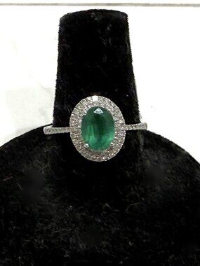 Zambian Emerald & Diamond Halo 14ktw Ring - Sz 7